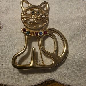 Goldtone Cat Brooch with Multicolor Rhinestones